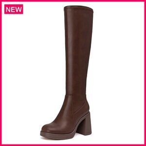Knee High Boots Square Toe Platform Chunky Heel Stretchy Tall Boots Side Zipper